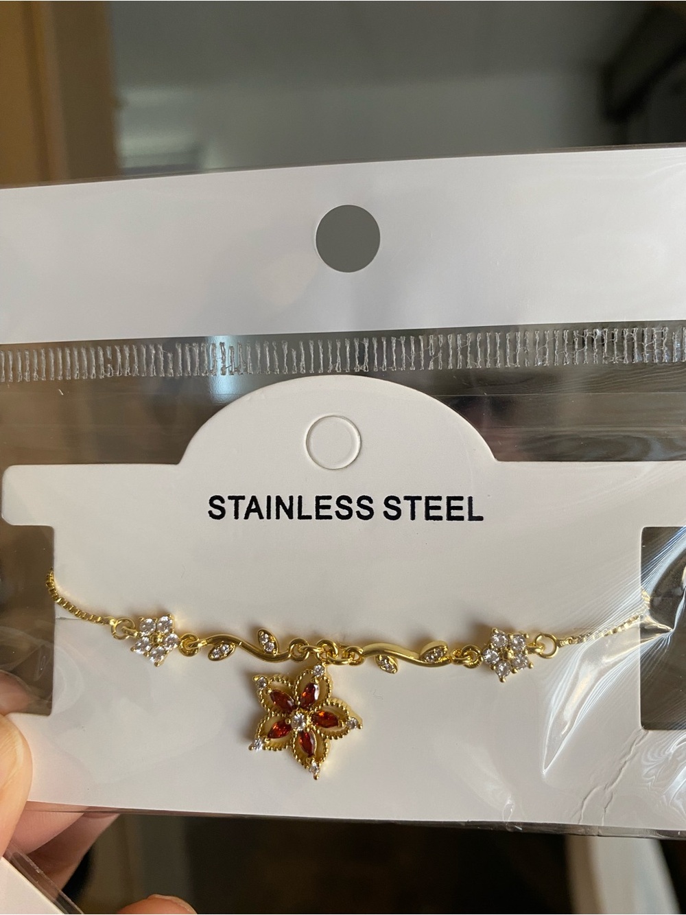 Gold Stainless Steel Anklet with Red Flower Charm